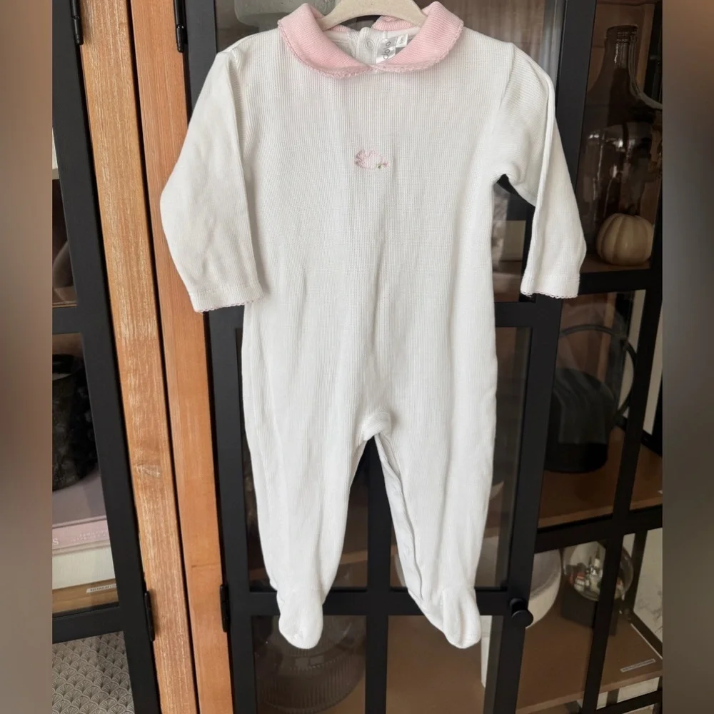 Dondolo knit coverall footies baby girl embroidered heirloom peter pan collar